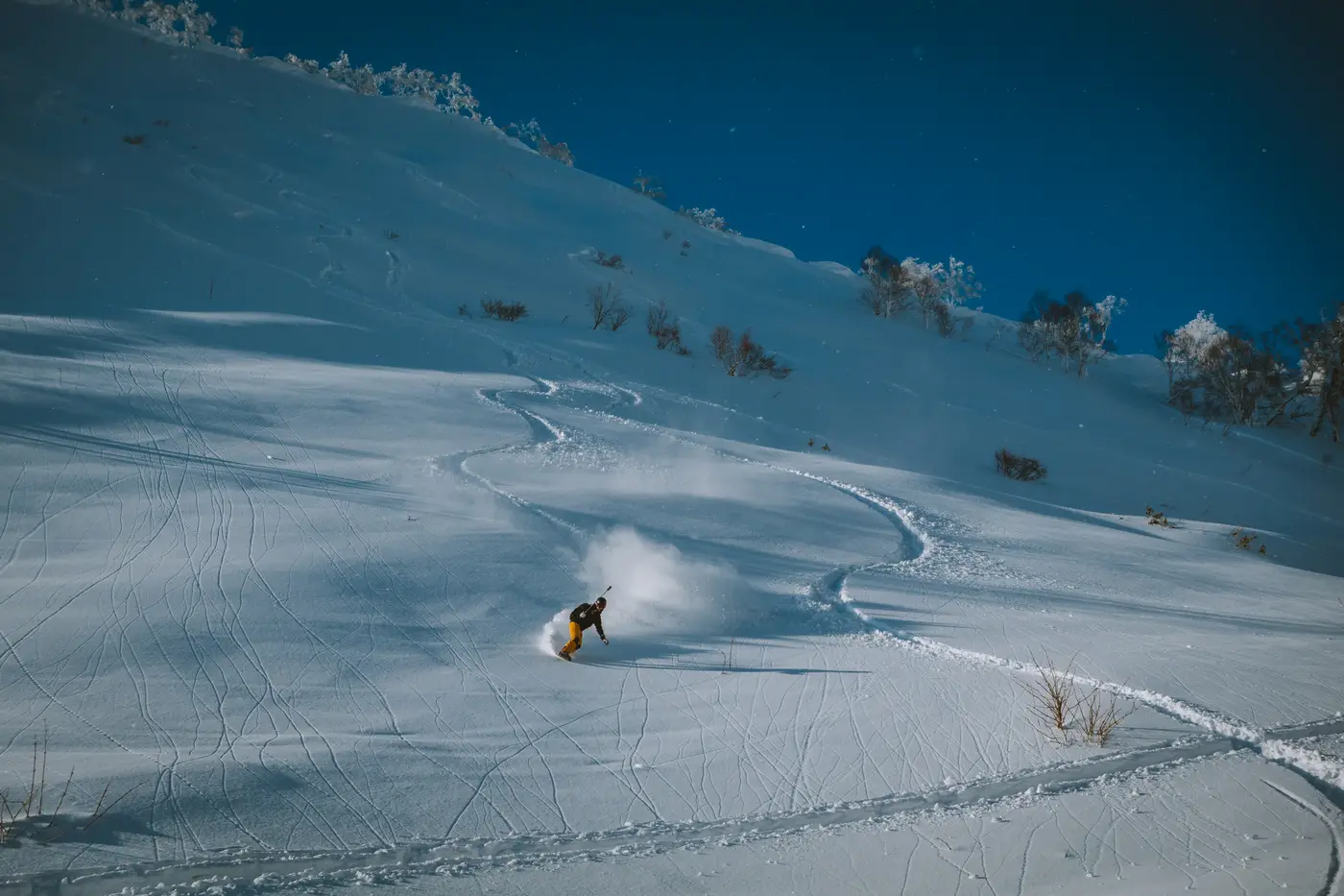 Rider che apre una curva su un pendio aperto, con le tracce di chi è sceso prima